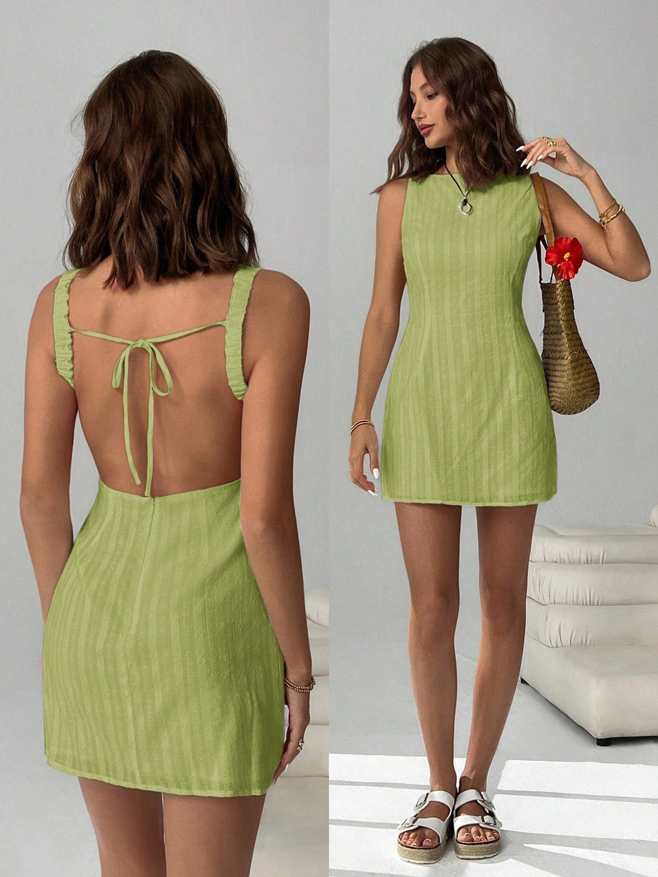 EZwear Stylish Olive Green Mini Tank Dress With Ribbed Texture And Open Back Tie Design Green Vacation Dress,Casual Dresses For Women