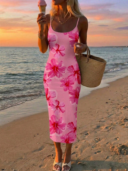 EZwear Tie Dye Pink Handpainted Floral Full-Print Bodycon Camisole Dress, Suitable For Summer, Vacation, Casual & Minimalist,Dresses For Women Summer