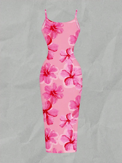 EZwear Tie Dye Pink Handpainted Floral Full-Print Bodycon Camisole Dress, Suitable For Summer, Vacation, Casual & Minimalist,Dresses For Women Summer