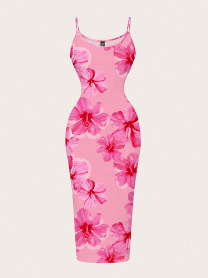 EZwear Tie Dye Pink Handpainted Floral Full-Print Bodycon Camisole Dress, Suitable For Summer, Vacation, Casual & Minimalist,Dresses For Women Summer