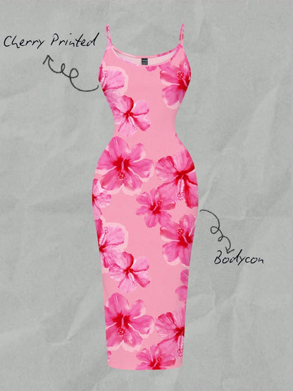 EZwear Tie Dye Pink Handpainted Floral Full-Print Bodycon Camisole Dress, Suitable For Summer, Vacation, Casual & Minimalist,Dresses For Women Summer