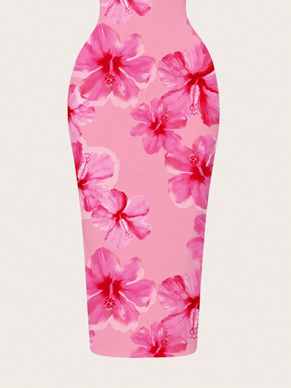 EZwear Tie Dye Pink Handpainted Floral Full-Print Bodycon Camisole Dress, Suitable For Summer, Vacation, Casual & Minimalist,Dresses For Women Summer