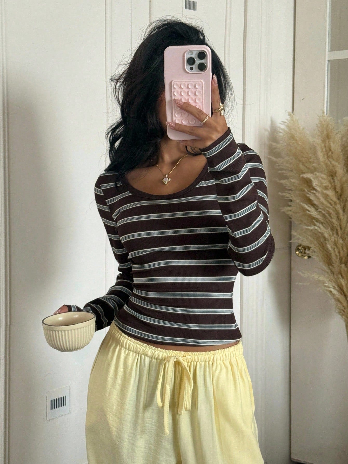 EZwear Women's Autumn And Winter Clothing Bottom Versatile Keluli Brown Striped Casual Round Neck Long Sleeve Slim T-Shirt,Fall Tops
