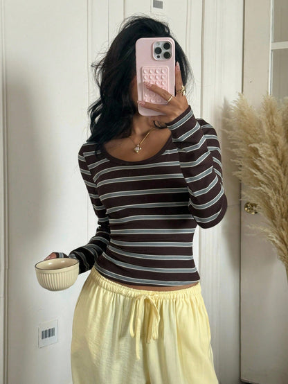 EZwear Women's Autumn And Winter Clothing Bottom Versatile Keluli Brown Striped Casual Round Neck Long Sleeve Slim T-Shirt,Fall Tops