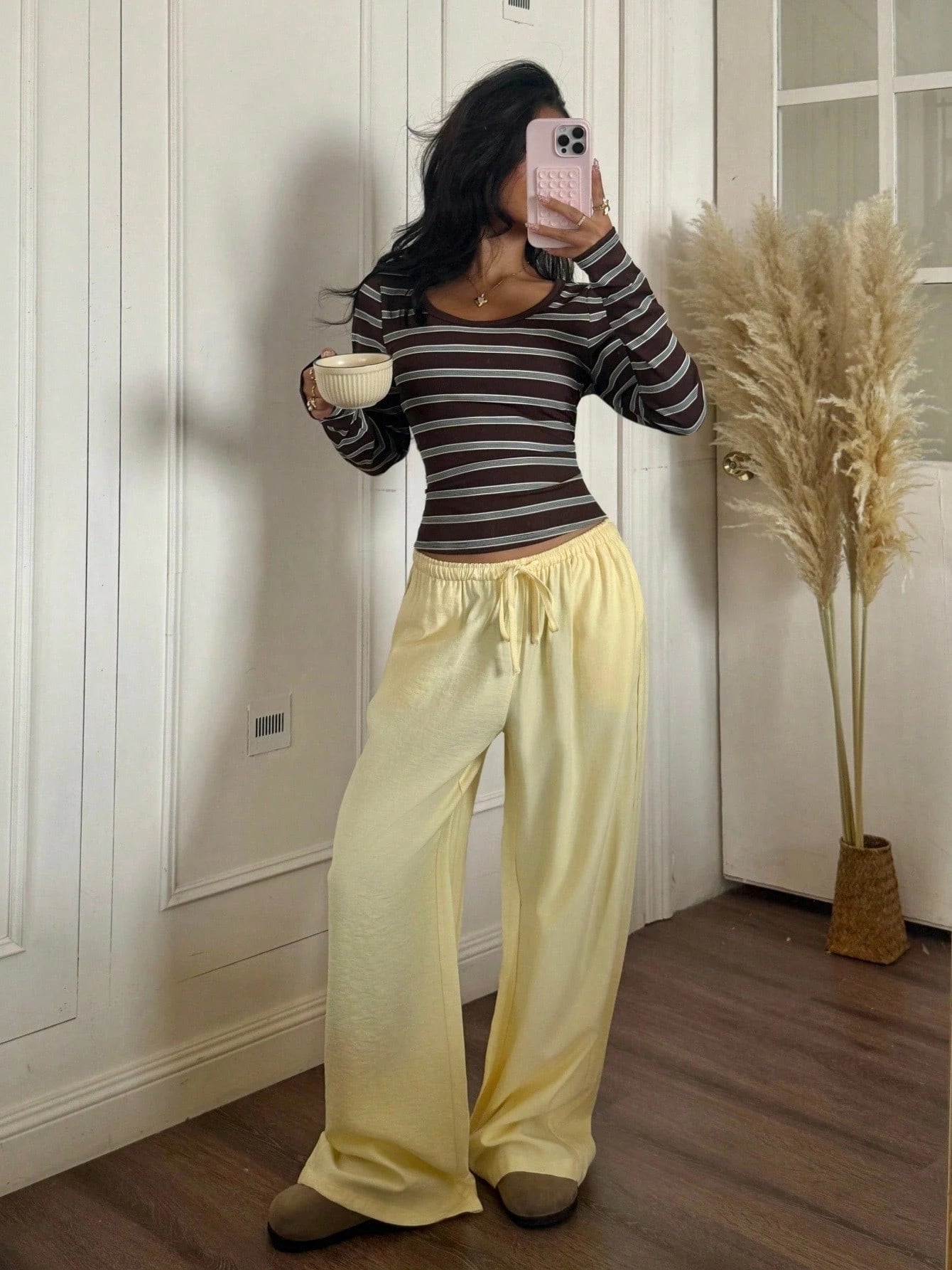 EZwear Women's Autumn And Winter Clothing Bottom Versatile Keluli Brown Striped Casual Round Neck Long Sleeve Slim T-Shirt,Fall Tops