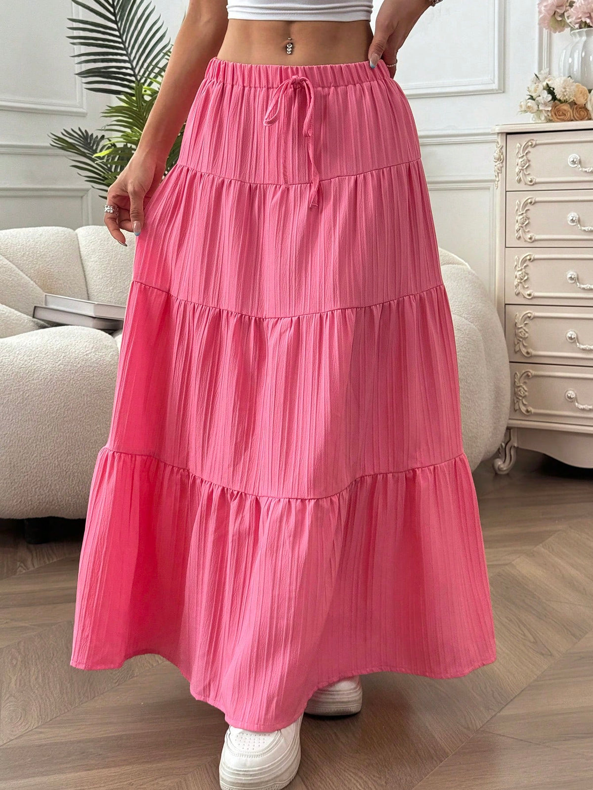 EZwear Women's Casual Solid Color Textured Hemline Skirt