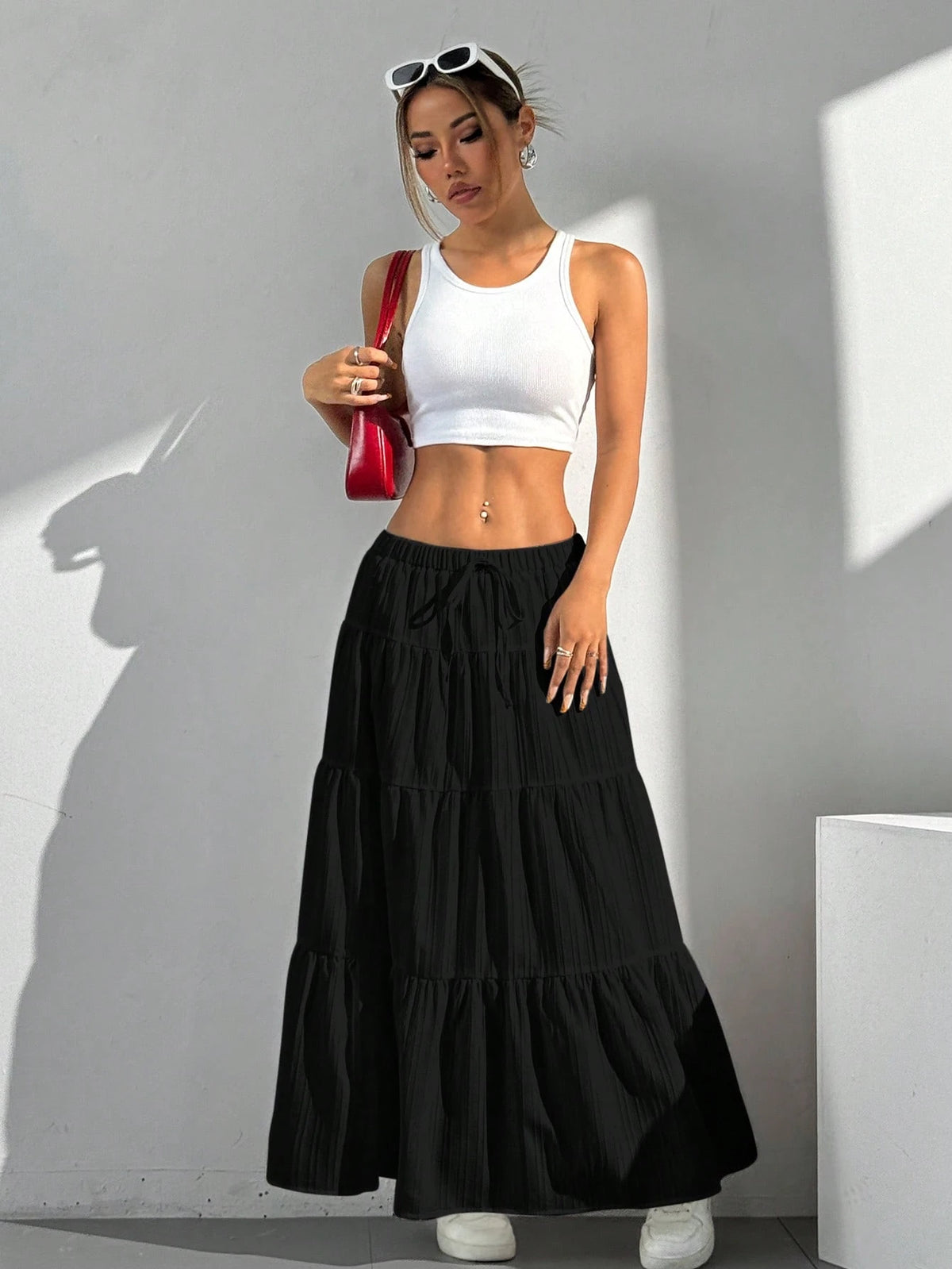 EZwear Women's Casual Solid Color Textured Hemline Skirt