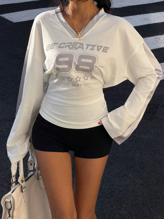 EZwear Women's Jersey V-Neck Dropped Shoulder Five-Pointed Star Print Casual Versatile Long Sleeve T-Shirt,Graphic Tees White Y2k Top
