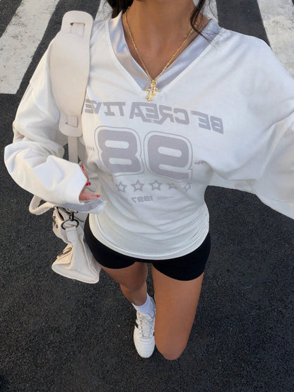 EZwear Women's Jersey V-Neck Dropped Shoulder Five-Pointed Star Print Casual Versatile Long Sleeve T-Shirt,Graphic Tees White Y2k Top