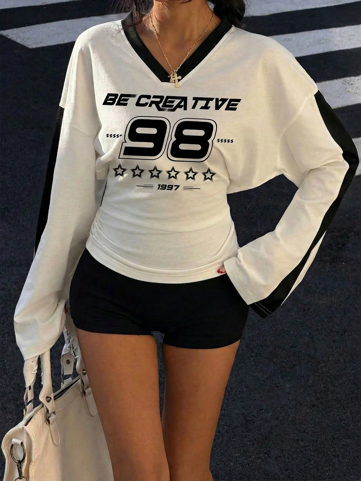 EZwear Women's Jersey V-Neck Dropped Shoulder Five-Pointed Star Print Casual Versatile Long Sleeve T-Shirt,Graphic Tees White Y2k Top