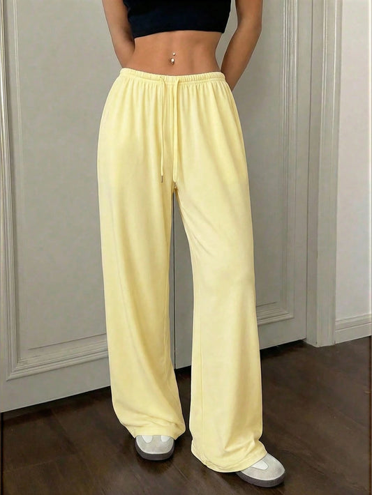 EZwear Women's Soft Knit Cream Yellow Lounge Pants, Spring/Summer Wide Leg Sweatpants Comfy Pants Yellow Sweatpants