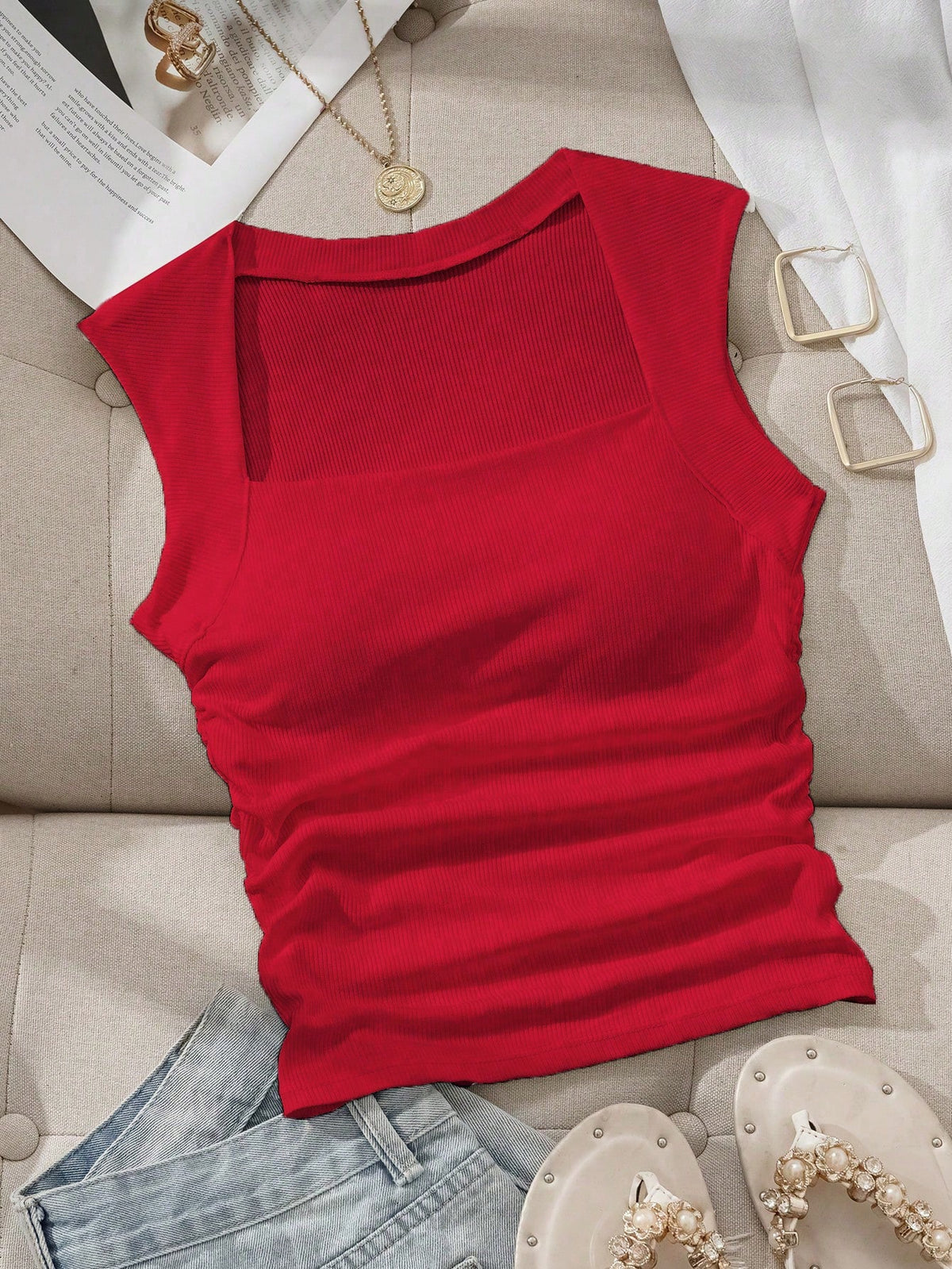 EZwear Women's Solid Color Pleated Casual Versatile Daily Wear Top,Red Top