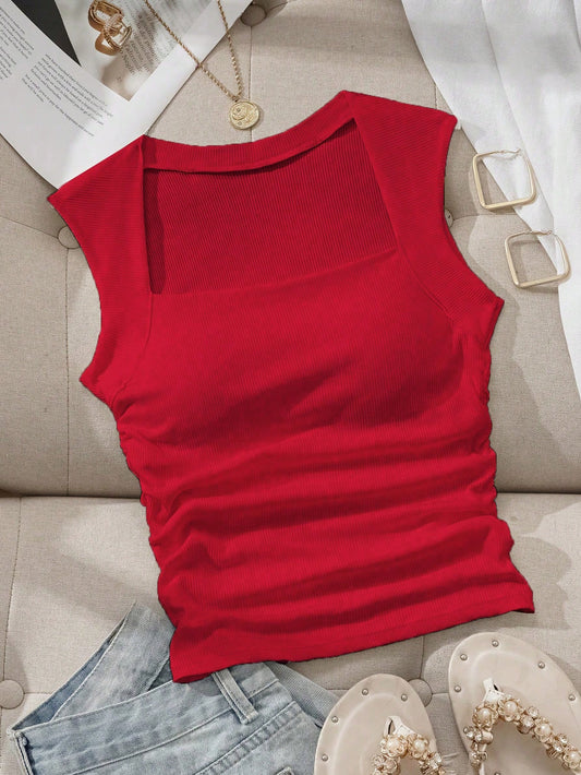 EZwear Women's Solid Color Pleated Casual Versatile Daily Wear Top,Red Top
