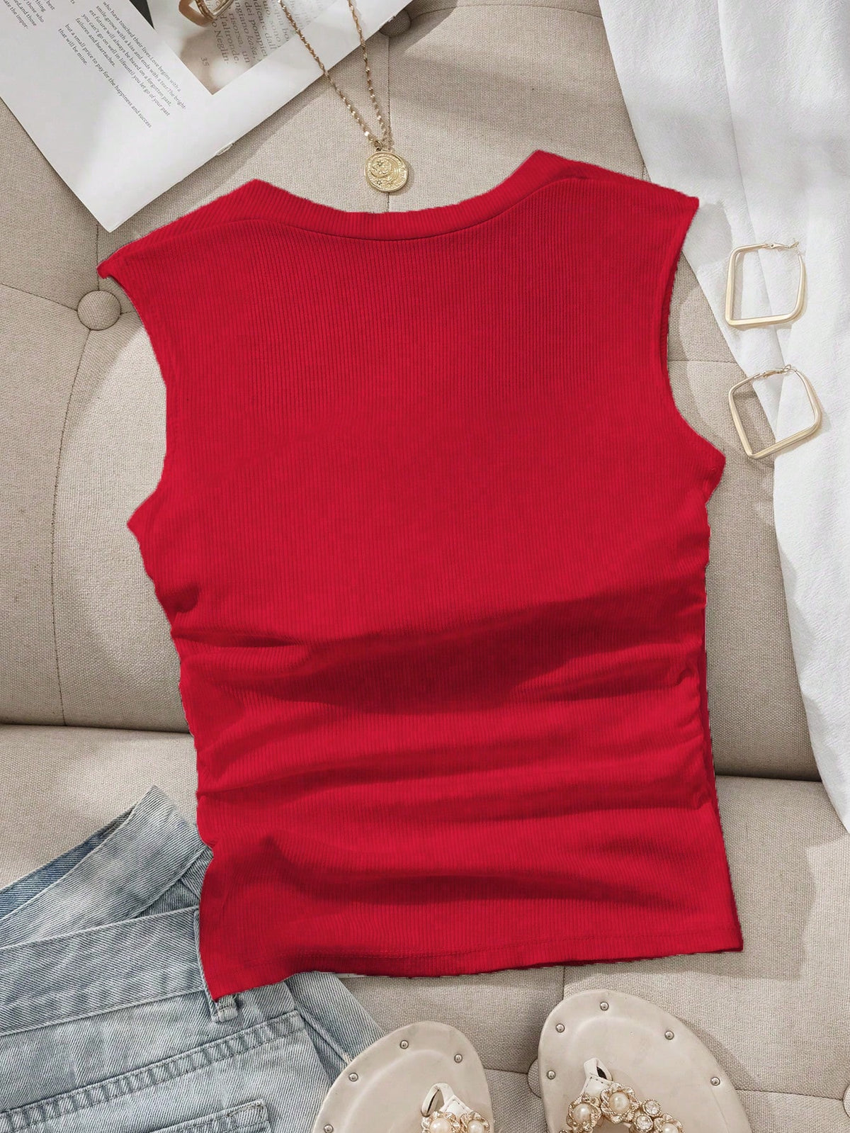 EZwear Women's Solid Color Pleated Casual Versatile Daily Wear Top,Red Top
