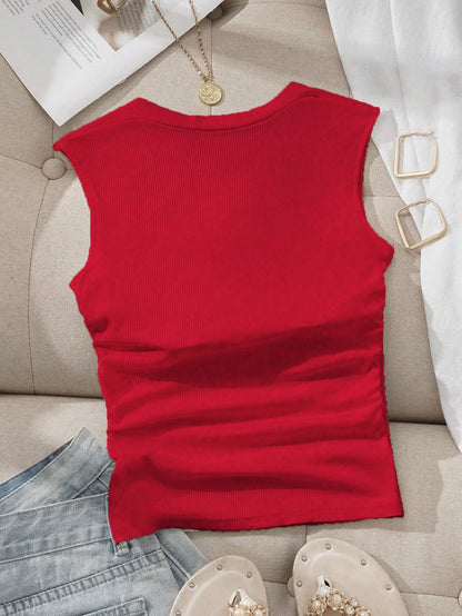 EZwear Women's Solid Color Pleated Casual Versatile Daily Wear Top,Red Top