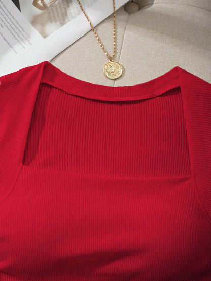 EZwear Women's Solid Color Pleated Casual Versatile Daily Wear Top,Red Top