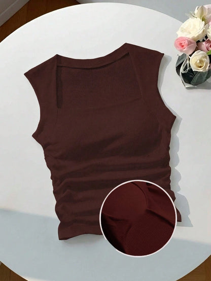 EZwear Women's Solid Color Pleated Casual Versatile Daily Wear Top,Red Top