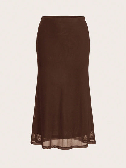 EZwear Women's Valentine's Day Heart Print Fish Tail Black Mesh Skirt Slip Skirt Curve Skirt Brown Skirt Sheer Skirt
