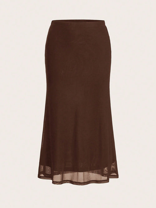 EZwear Women's Valentine's Day Heart Print Fish Tail Black Mesh Skirt Slip Skirt Curve Skirt Brown Skirt Sheer Skirt