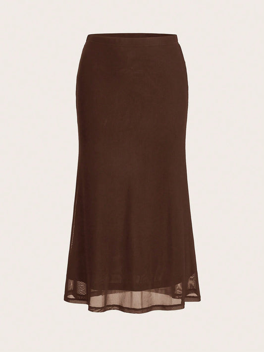 EZwear Women's Valentine's Day Heart Print Fish Tail Black Mesh Skirt Slip Skirt Curve Skirt Brown Skirt Sheer Skirt