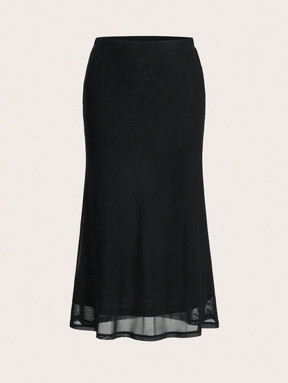 EZwear Women's Valentine's Day Heart Print Fish Tail Black Mesh Skirt Slip Skirt Curve Skirt Brown Skirt Sheer Skirt