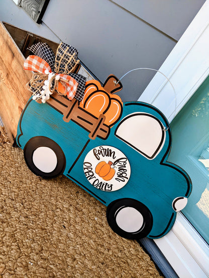 Farm Fresh Pumpkins Truck Blue Door Hanger