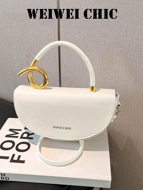 Fashion Solid Color PU Saddle-Shaped Shoulder Bag, Spiral Gold Metal Handle And Detachable Crossbody Strap, Minimalist Elegant Daily Handbag, Suitable For Office Women And Minimalist Enthusiasts, Perf