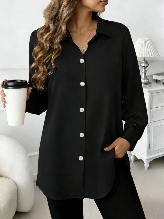 Fashion Women's Clothing New Arrival All Seasons Casual Comfortable Mid-Length Button-Up Shirt Black