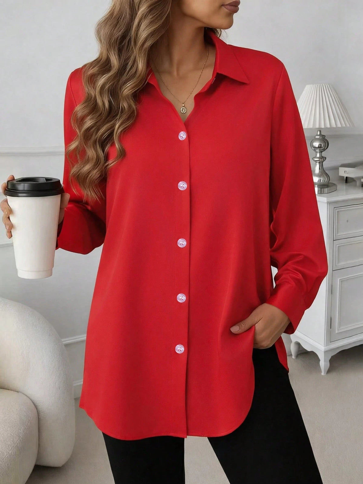 Fashion Women's Clothing New Arrival All Seasons Casual Comfortable Mid-Length Button-Up Shirt Black