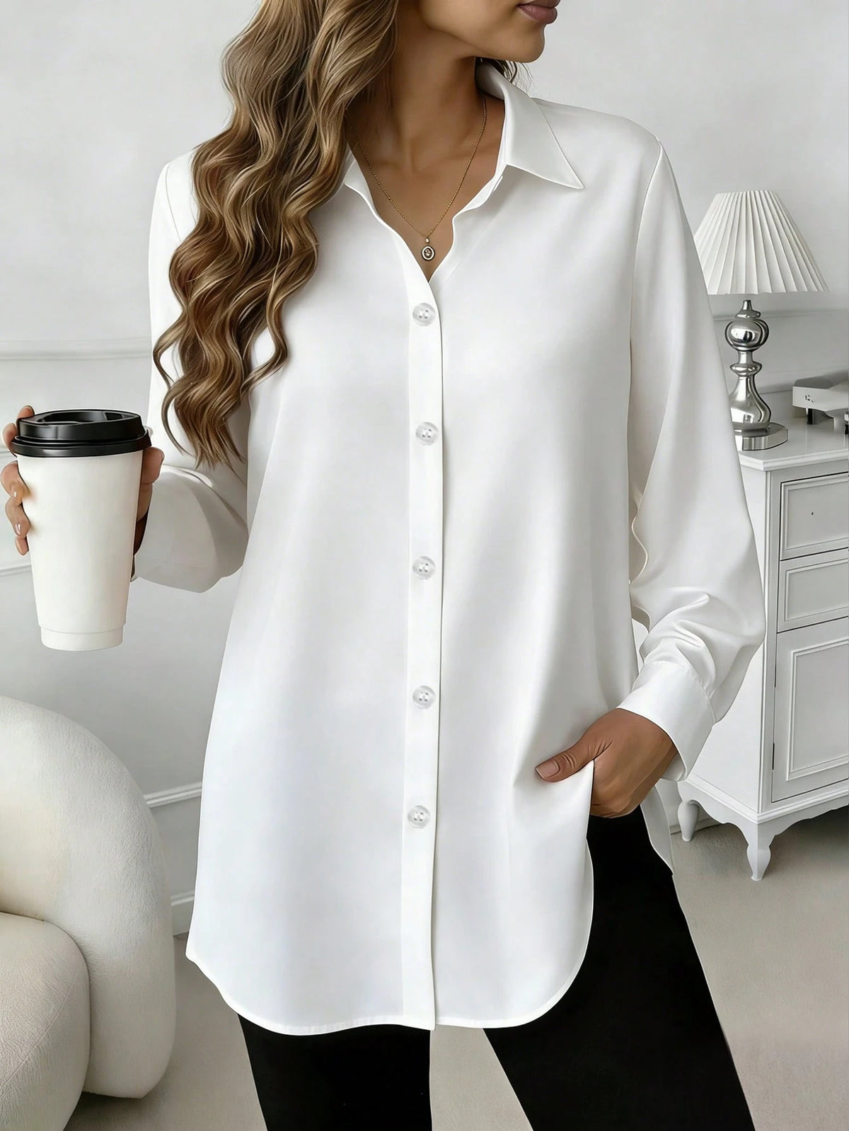 Fashion Women's Clothing New Arrival All Seasons Casual Comfortable Mid-Length Button-Up Shirt Black