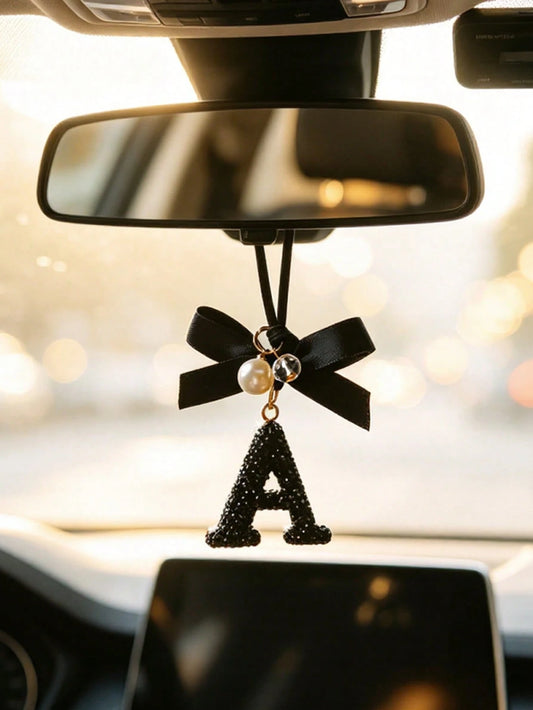 Fashionable Bow Letter Car Pendant, Car Rearview Mirror Decoration, Exquisite Letter Pendant Decoration, Car Hanging