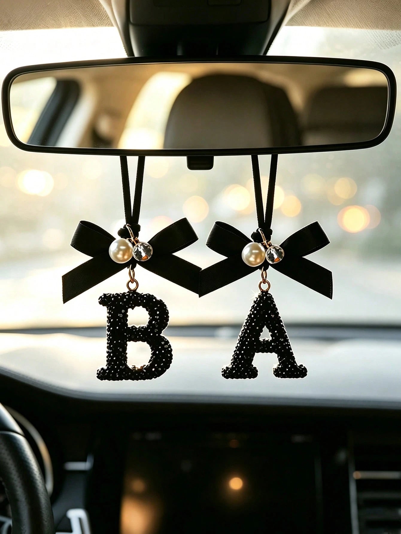 Fashionable Bow Letter Car Pendant, Car Rearview Mirror Decoration, Exquisite Letter Pendant Decoration, Car Hanging