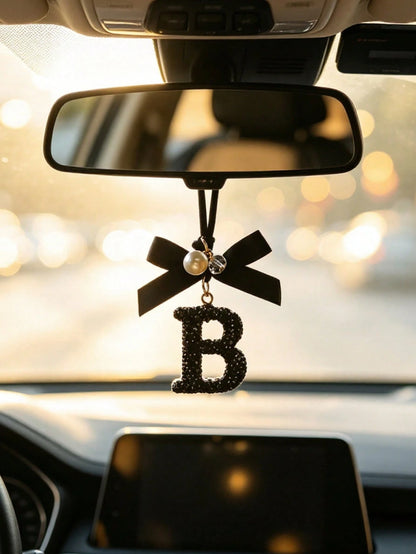 Fashionable Bow Letter Car Pendant, Car Rearview Mirror Decoration, Exquisite Letter Pendant Decoration, Car Hanging