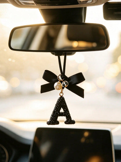Fashionable Bow Letter Car Pendant, Car Rearview Mirror Decoration, Exquisite Letter Pendant Decoration, Car Hanging