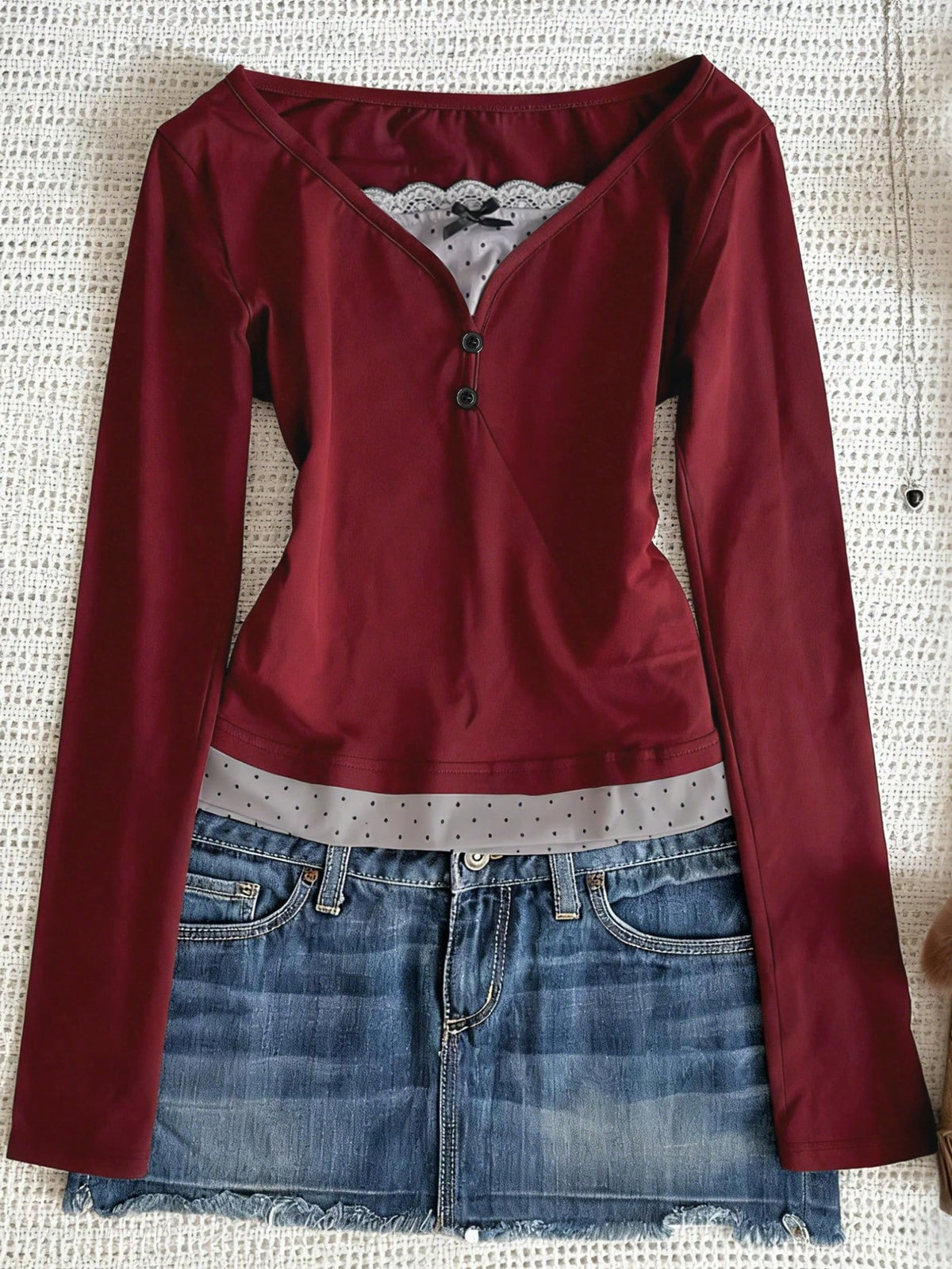 Fashionable Casual Women's Polka Dot Print Chiffon Patchwork Bow Decor Long Sleeve Top Spring Red