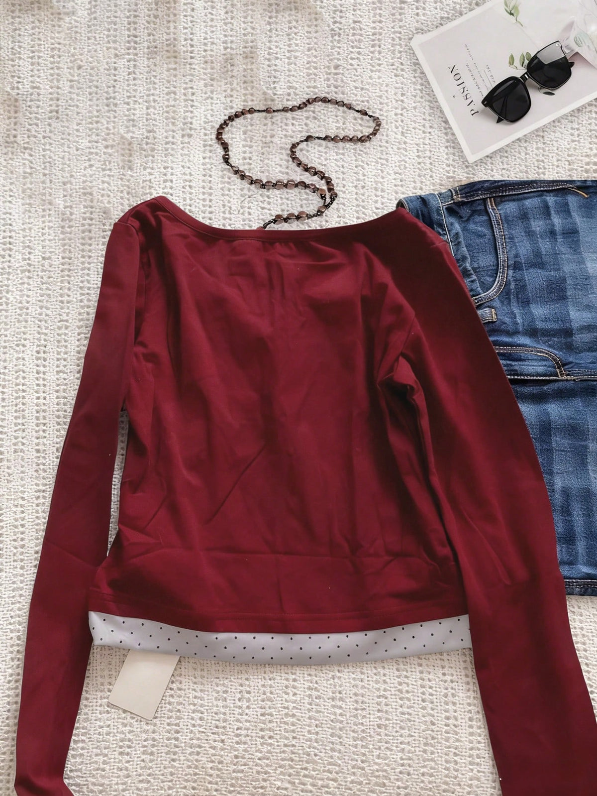 Fashionable Casual Women's Polka Dot Print Chiffon Patchwork Bow Decor Long Sleeve Top Spring Red