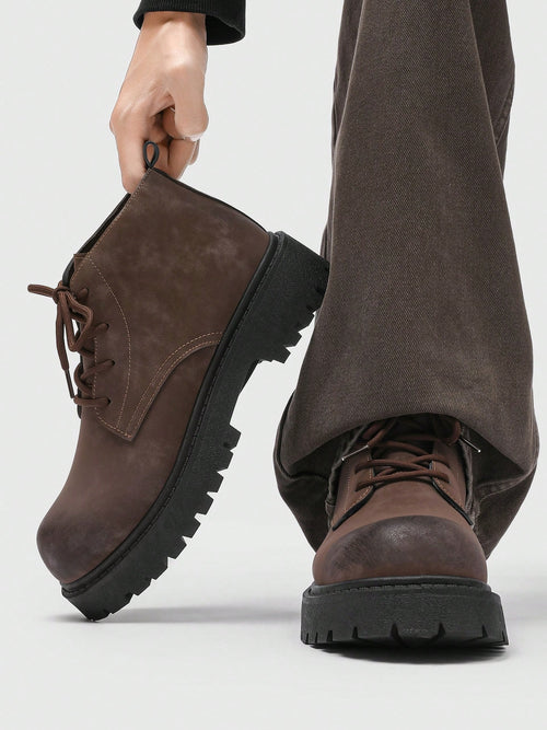 Fashionable High-Top Men's Boots, Thick Sole, Anti-Slip, Vintage Casual Style, Ankle Boots For Plus Size Men, Winter Outdoor