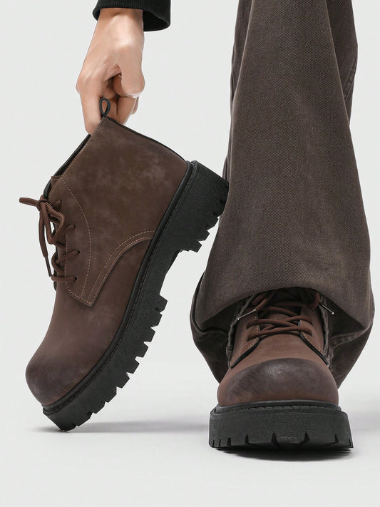 Fashionable High-Top Men's Boots, Thick Sole, Anti-Slip, Vintage Casual Style, Ankle Boots For Plus Size Men, Winter Outdoor