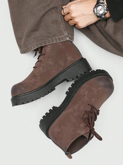 Fashionable High-Top Men's Boots, Thick Sole, Anti-Slip, Vintage Casual Style, Ankle Boots For Plus Size Men, Winter Outdoor