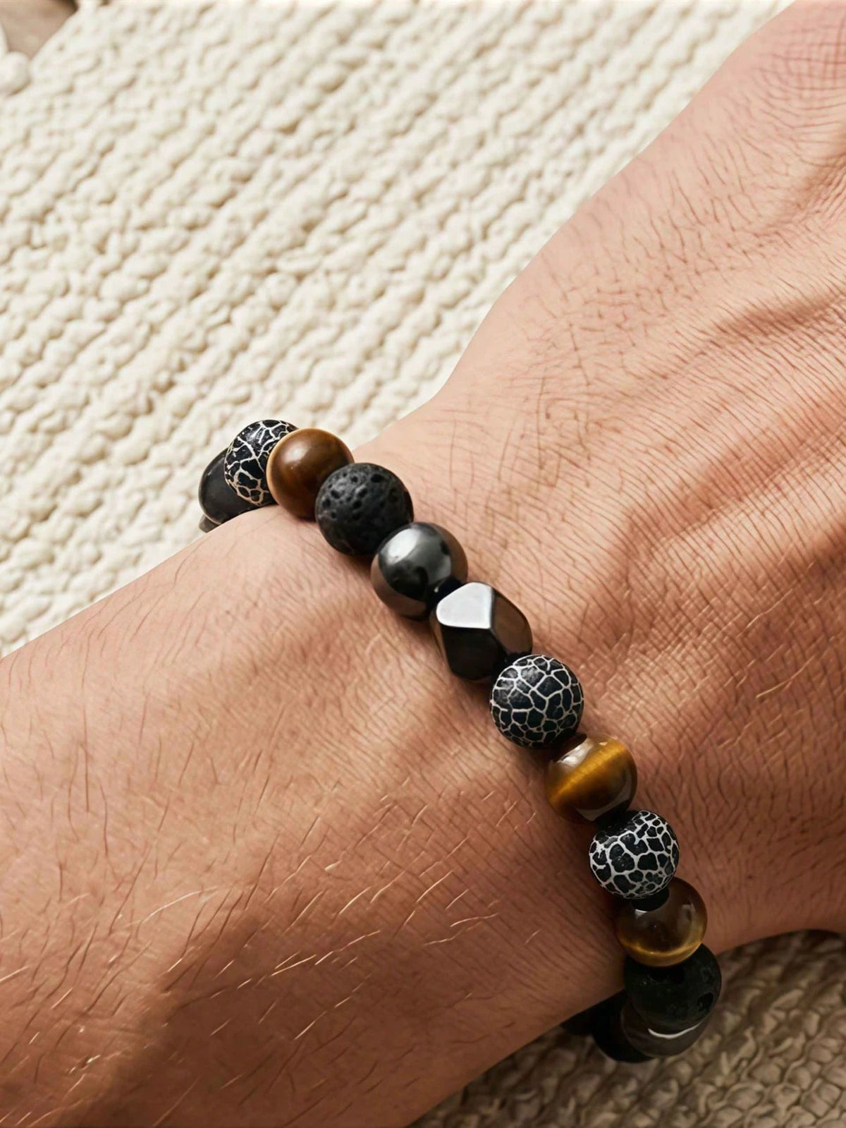 Fashionable Men's Wealth Bracelet, Weathered Agate & Black Lava Handmade, Courage, Confidence Retro Meditation Jewelry Gifts, Suitable For Daily Wear