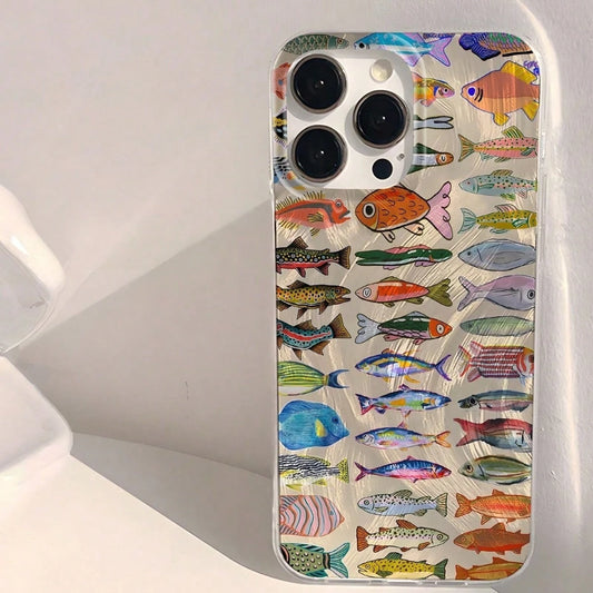 Fashionable Minimalist Water Ripple Full Screen Ocean Fish Phone Case, Compatible With IPhone 17 Pro Max, 17 Pro, 17 Air, 17, 16, 15, 14, 13, 12, 11 Pro Max, Anti-Drop Shockproof Protective Frame