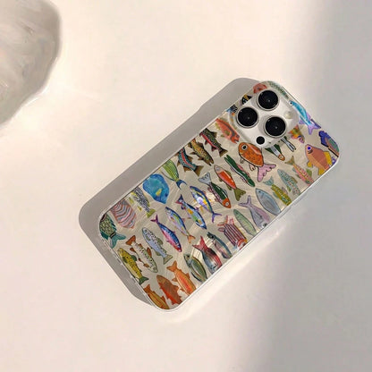 Fashionable Minimalist Water Ripple Full Screen Ocean Fish Phone Case, Compatible With IPhone 17 Pro Max, 17 Pro, 17 Air, 17, 16, 15, 14, 13, 12, 11 Pro Max, Anti-Drop Shockproof Protective Frame