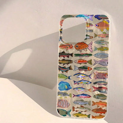 Fashionable Minimalist Water Ripple Full Screen Ocean Fish Phone Case, Compatible With IPhone 17 Pro Max, 17 Pro, 17 Air, 17, 16, 15, 14, 13, 12, 11 Pro Max, Anti-Drop Shockproof Protective Frame