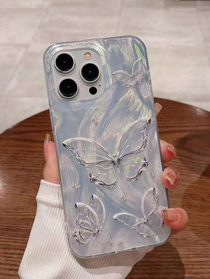 Fashionable New Electroplated Laser Feather Tulle Silver Foil Butterfly Full Coverage Anti-Drop Elegant Goddess Style Apple Phone Case Protective Cover 16 Series 17/17 Pro/17 Pro Max (The Tag On The P