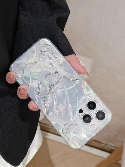 Fashionable New Electroplated Laser Feather Tulle Silver Foil Butterfly Full Coverage Anti-Drop Elegant Goddess Style Apple Phone Case Protective Cover 16 Series 17/17 Pro/17 Pro Max (The Tag On The P
