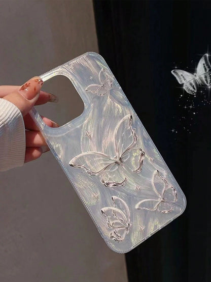 Fashionable New Electroplated Laser Feather Tulle Silver Foil Butterfly Full Coverage Anti-Drop Elegant Goddess Style Apple Phone Case Protective Cover 16 Series 17/17 Pro/17 Pro Max (The Tag On The P