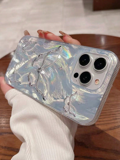 Fashionable New Electroplated Laser Feather Tulle Silver Foil Butterfly Full Coverage Anti-Drop Elegant Goddess Style Apple Phone Case Protective Cover 16 Series 17/17 Pro/17 Pro Max (The Tag On The P
