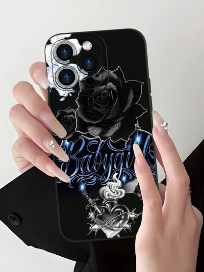 Fashionable Popular Personalized Black Rose Babygirl Script Pattern Design Theme Luxury Shockproof Aesthetic Cute Phone Case With Lens Protrusion Protection Compatible With For IPhone 17/17Pro/17Pro M