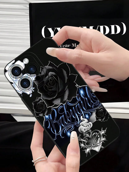 Fashionable Popular Personalized Black Rose Babygirl Script Pattern Design Theme Luxury Shockproof Aesthetic Cute Phone Case With Lens Protrusion Protection Compatible With For IPhone 17/17Pro/17Pro M