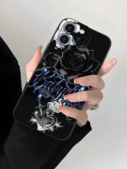 Fashionable Popular Personalized Black Rose Babygirl Script Pattern Design Theme Luxury Shockproof Aesthetic Cute Phone Case With Lens Protrusion Protection Compatible With For IPhone 17/17Pro/17Pro M